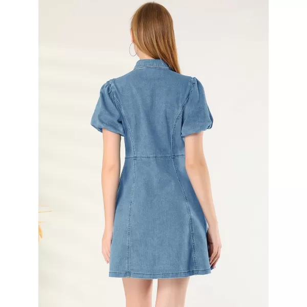 Allegra K Women's Denim Dress Button Down Pockets Puff Sleeve Collared Jean Dresses