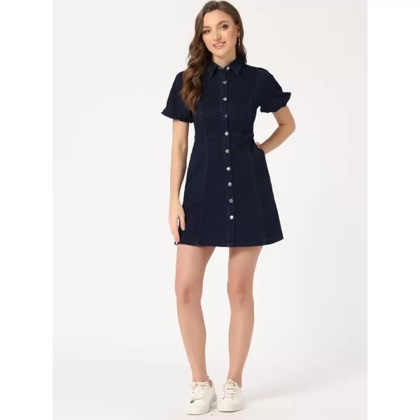 Allegra K Women's Denim Dress Button Down Pockets Puff Sleeve Collared Jean Dresses