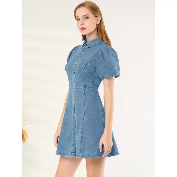 Allegra K Women's Denim Dress Button Down Pockets Puff Sleeve Collared Jean Dresses