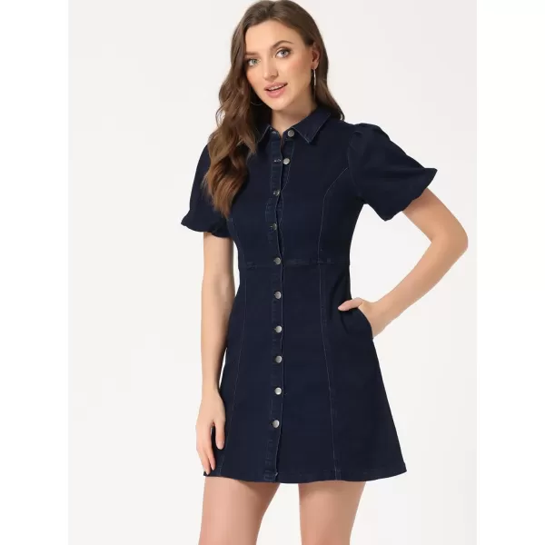 Allegra K Women's Denim Dress Button Down Pockets Puff Sleeve Collared Jean Dresses