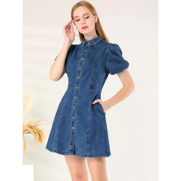 Allegra K Women's Denim Dress Button Down Pockets Puff Sleeve Collared Jean Dresses