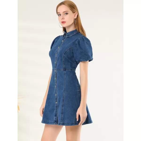 Allegra K Women's Denim Dress Button Down Pockets Puff Sleeve Collared Jean Dresses