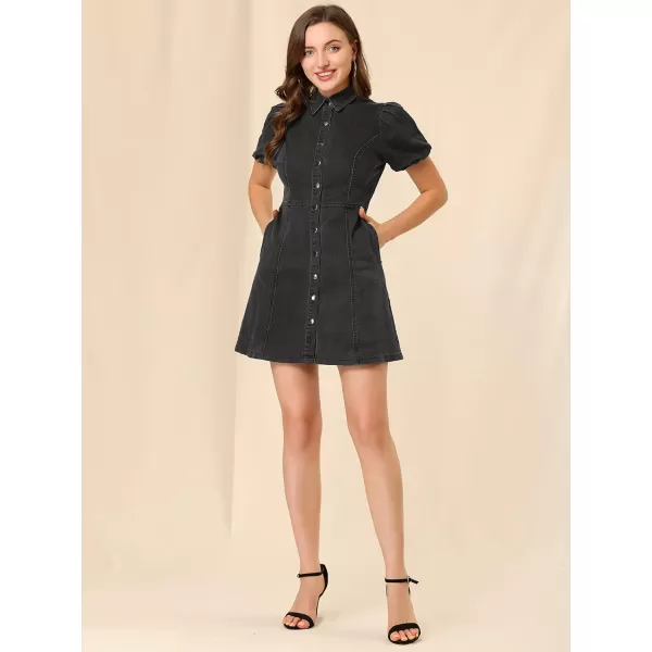 Allegra K Women's Denim Dress Button Down Pockets Puff Sleeve Collared Jean Dresses