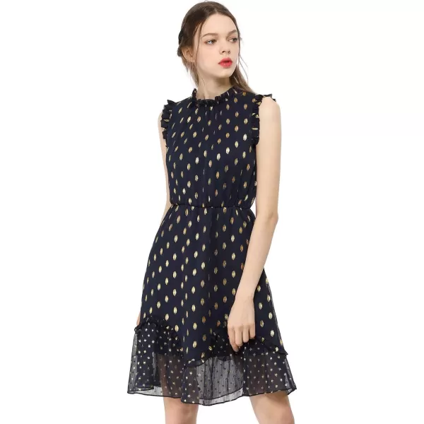 Allegra K Women's Dots High Neck Sleeveless Metallic Print Ruffle Cocktail Party Dress