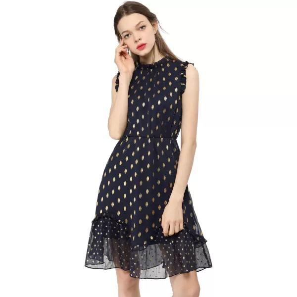 Allegra K Women's Dots High Neck Sleeveless Metallic Print Ruffle Cocktail Party Dress