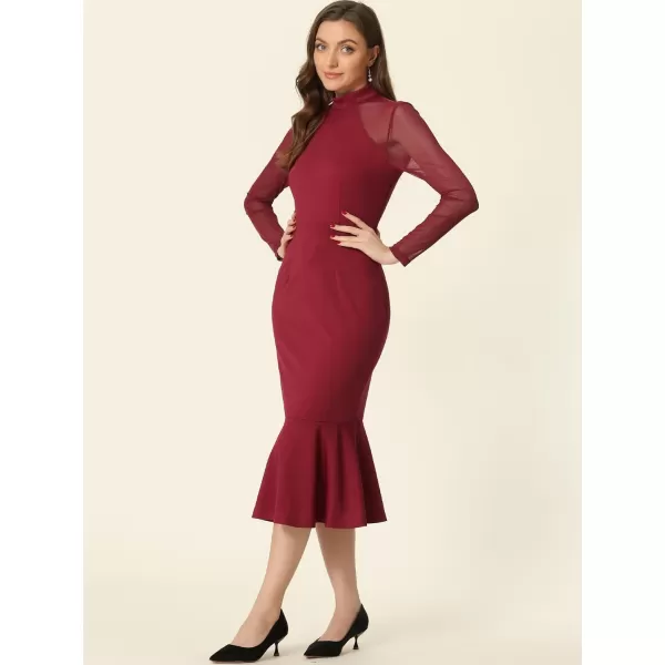 Allegra K Women's Elegant Midi Bodycon Dress Long Sleeve Sheer Mesh Mock Neck Mermaid Formal Cocktail Wedding Guest Dresses