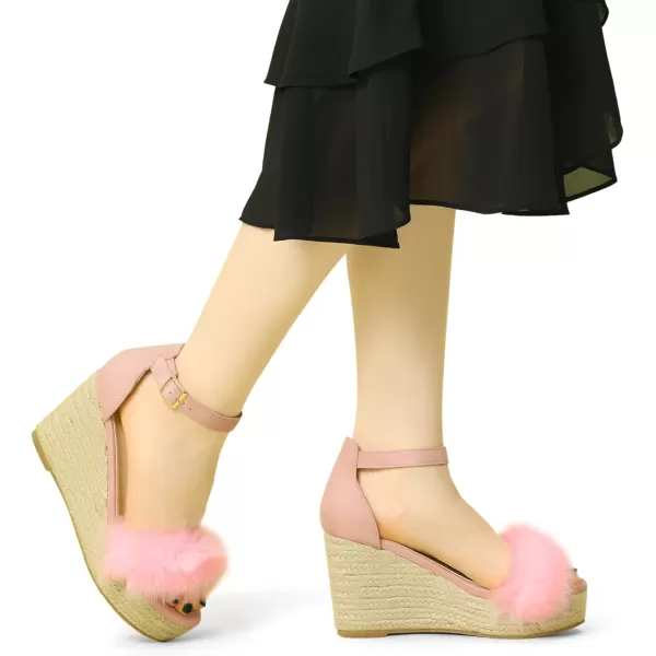 Allegra K Women's Espadrille Platform Heels Faux Fur Wedge Sandals