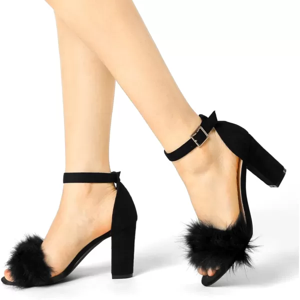 Allegra K Women's Faux Fur Ankle Strap Block Heels Sandals