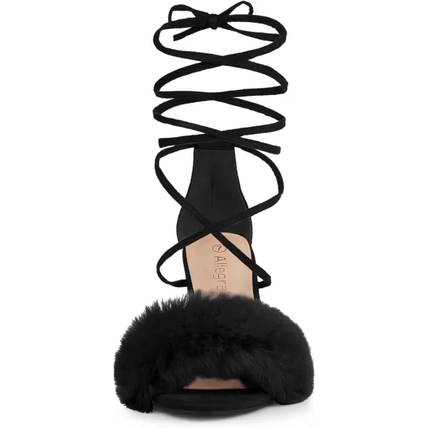 Allegra K Women's Faux Fur Lace Up Strappy Chunky Heels Sandals