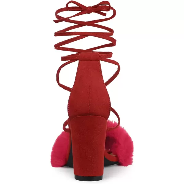 Allegra K Women's Faux Fur Lace Up Strappy Chunky Heels Sandals