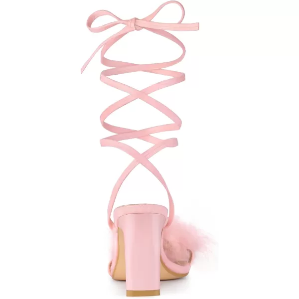 Allegra K Women's Faux Fur Slingback Block Heels Lace Up Sandals