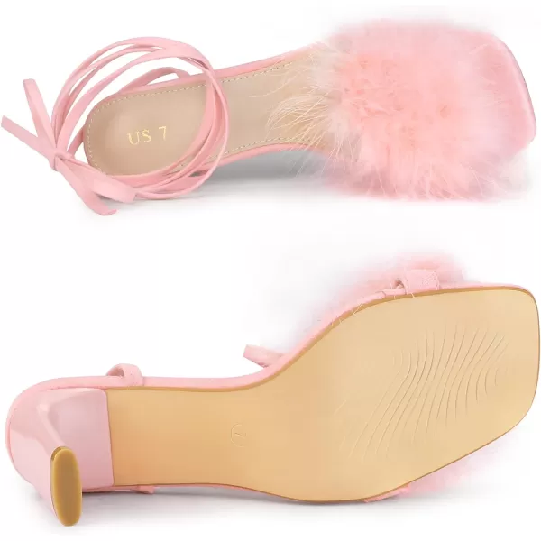 Allegra K Women's Faux Fur Slingback Block Heels Lace Up Sandals