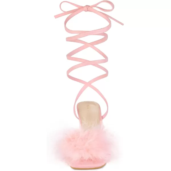 Allegra K Women's Faux Fur Slingback Block Heels Lace Up Sandals