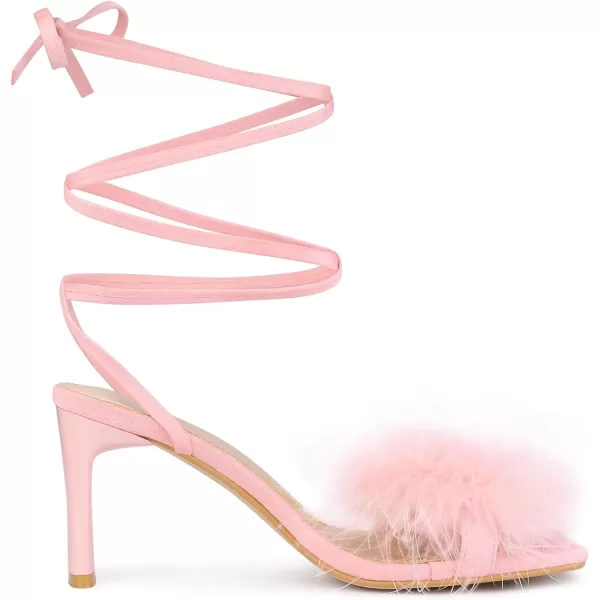 Allegra K Women's Faux Fur Slingback Block Heels Lace Up Sandals