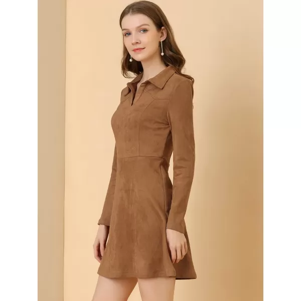 Allegra K Women's Faux Suede Dress V Neck Long Sleeve 2023 Fall Winter A-Line Mini Dress