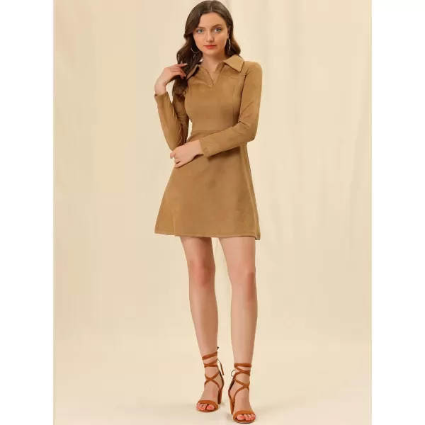 Allegra K Women's Faux Suede Dress V Neck Long Sleeve 2023 Fall Winter A-Line Mini Dress