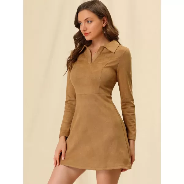 Allegra K Women's Faux Suede Dress V Neck Long Sleeve 2023 Fall Winter A-Line Mini Dress