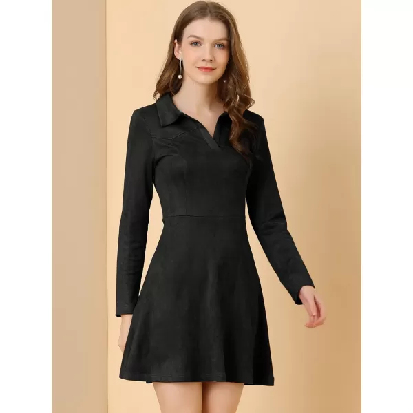 Allegra K Women's Faux Suede Dress V Neck Long Sleeve 2023 Fall Winter A-Line Mini Dress