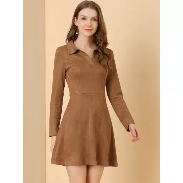 Allegra K Women's Faux Suede Dress V Neck Long Sleeve 2023 Fall Winter A-Line Mini Dress