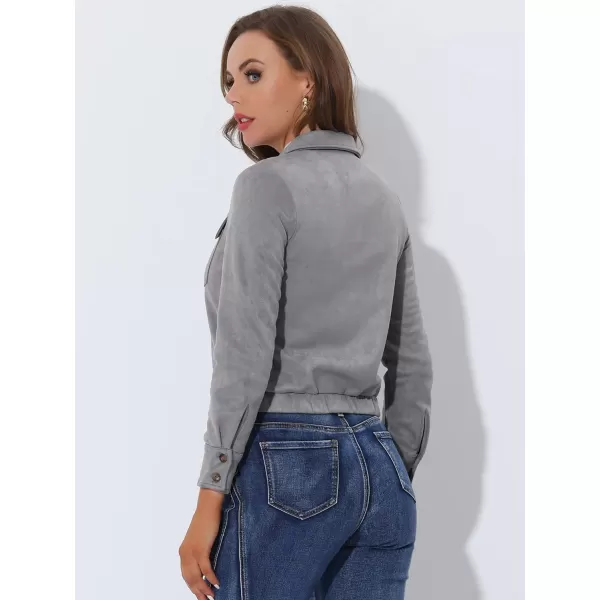Allegra K Women's Faux Suede Point Collar Button Down Cropped Moto Biker Jacket