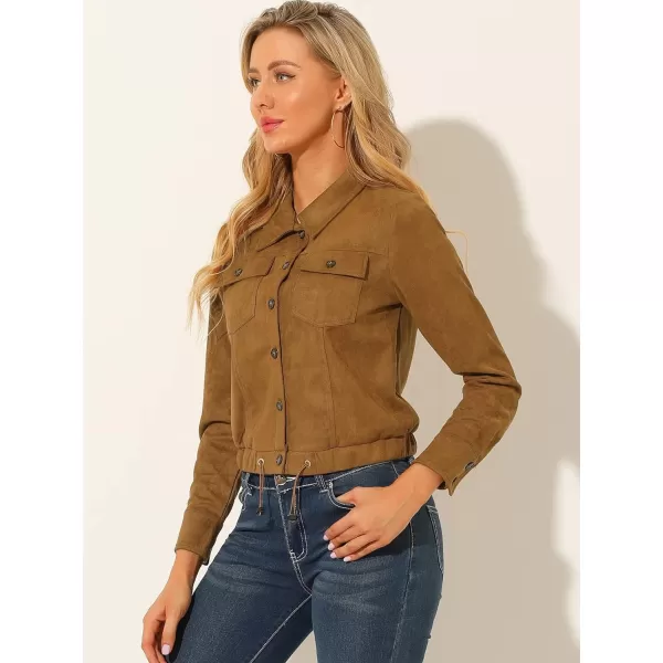 Allegra K Women's Faux Suede Point Collar Button Down Cropped Moto Biker Jacket