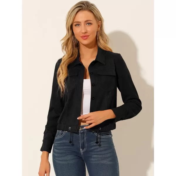 Allegra K Women's Faux Suede Point Collar Button Down Cropped Moto Biker Jacket