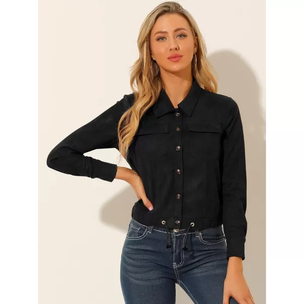 Allegra K Women's Faux Suede Point Collar Button Down Cropped Moto Biker Jacket