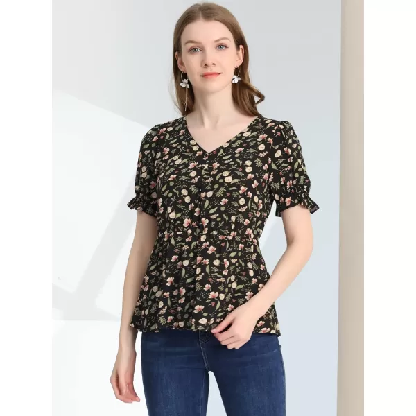 Allegra K Women's Floral Peasant Peplum Top Ruffle Hem Short Sleeve V-Neck Summer Blouse