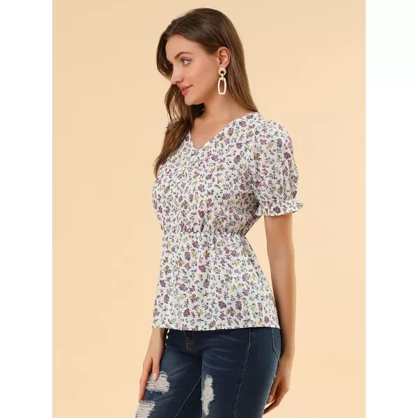 Allegra K Women's Floral Peasant Peplum Top Ruffle Hem Short Sleeve V-Neck Summer Blouse