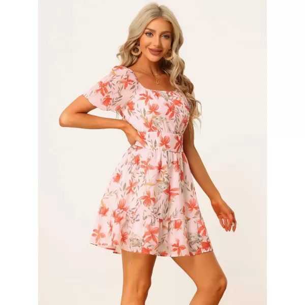 Allegra K Women's Floral Print Square Neck High Waist Summer Mini Dress