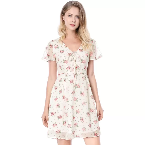 Allegra K Women's Floral Printed Spring Summer Flare Short Sleeve Lace-up V Neck Chiffon Dress