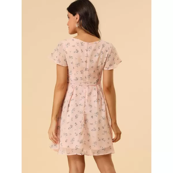 Allegra K Women's Floral Printed Spring Summer Flare Short Sleeve Lace-up V Neck Chiffon Dress
