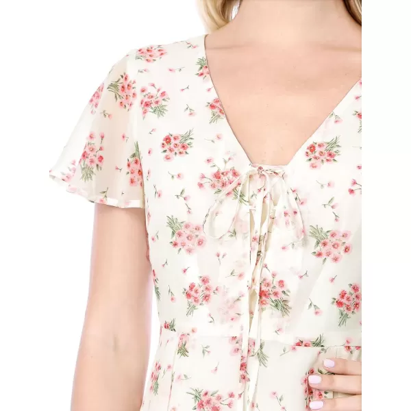Allegra K Women's Floral Printed Spring Summer Flare Short Sleeve Lace-up V Neck Chiffon Dress
