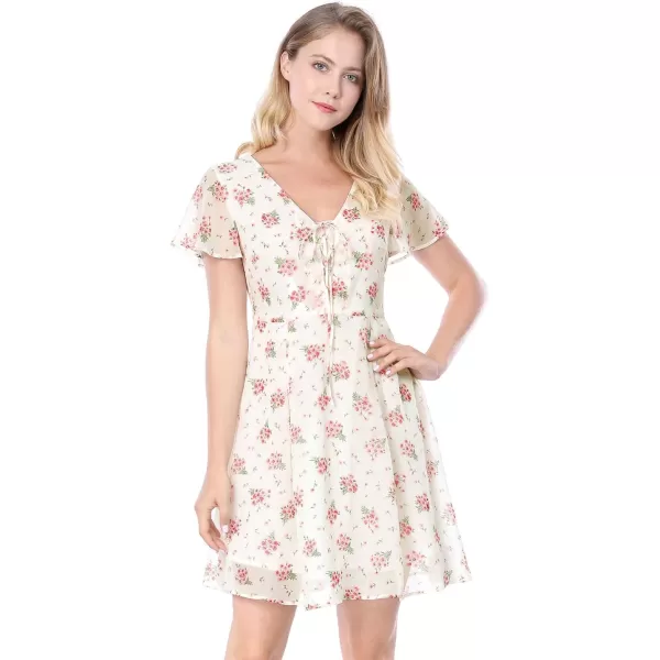 Allegra K Women's Floral Printed Spring Summer Flare Short Sleeve Lace-up V Neck Chiffon Dress