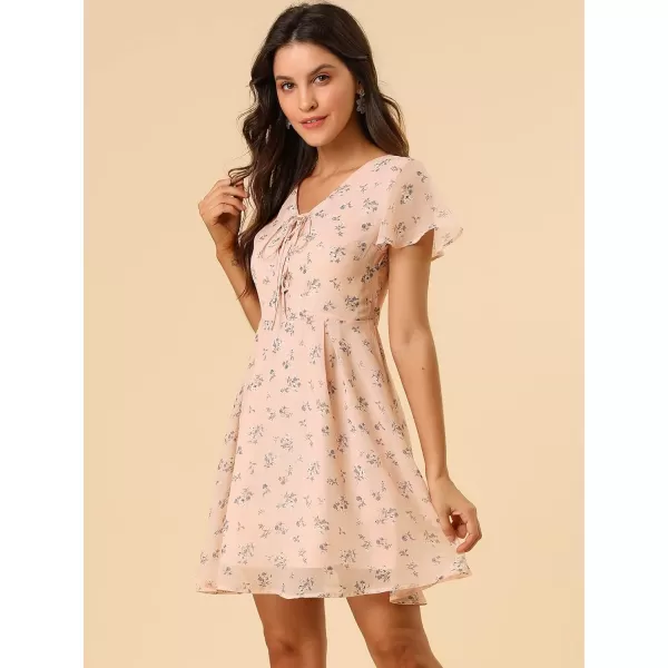 Allegra K Women's Floral Printed Spring Summer Flare Short Sleeve Lace-up V Neck Chiffon Dress