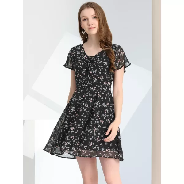 Allegra K Women's Floral Printed Spring Summer Flare Short Sleeve Lace-up V Neck Chiffon Dress