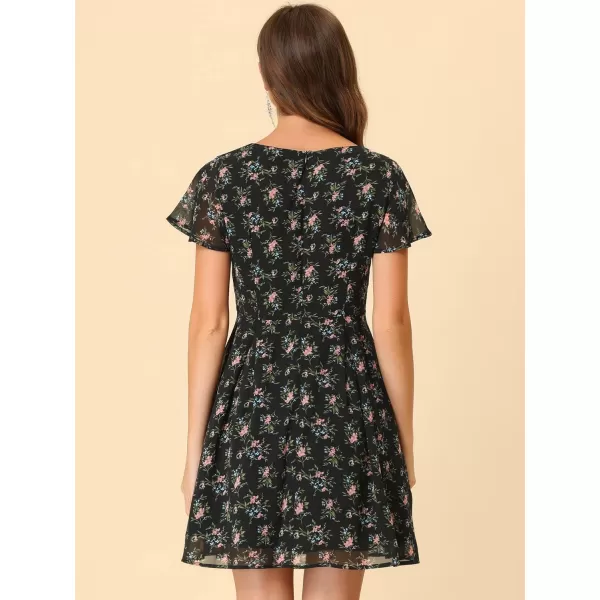 Allegra K Women's Floral Printed Spring Summer Flare Short Sleeve Lace-up V Neck Chiffon Dress