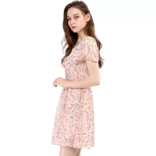 Allegra K Women's Floral Printed Spring Summer Flare Short Sleeve Lace-up V Neck Chiffon Dress