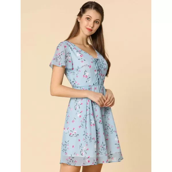 Allegra K Women's Floral Printed Spring Summer Flare Short Sleeve Lace-up V Neck Chiffon Dress