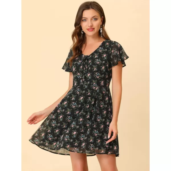 Allegra K Women's Floral Printed Spring Summer Flare Short Sleeve Lace-up V Neck Chiffon Dress