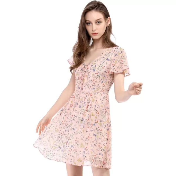 Allegra K Women's Floral Printed Spring Summer Flare Short Sleeve Lace-up V Neck Chiffon Dress