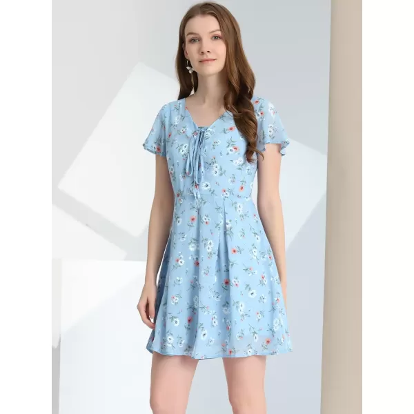 Allegra K Women's Floral Printed Spring Summer Flare Short Sleeve Lace-up V Neck Chiffon Dress