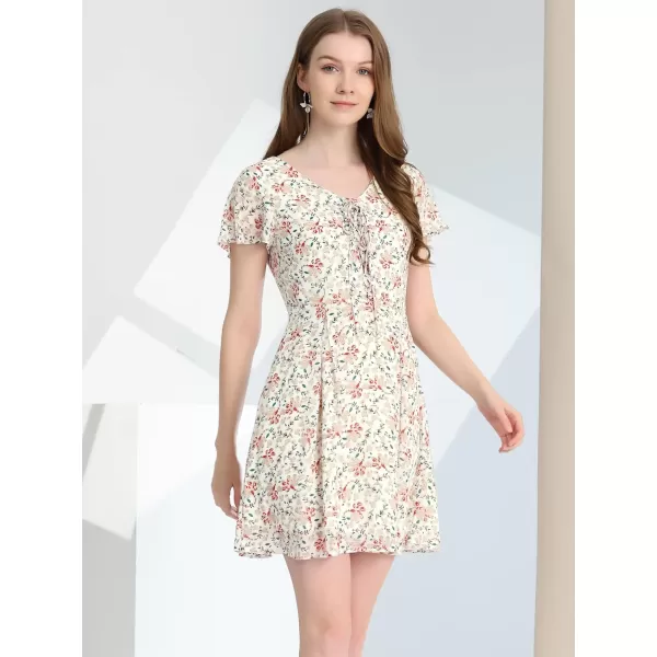 Allegra K Women's Floral Printed Spring Summer Flare Short Sleeve Lace-up V Neck Chiffon Dress