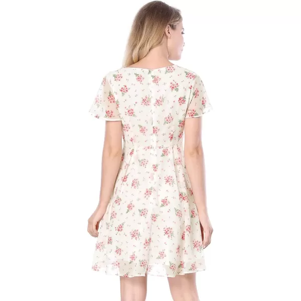Allegra K Women's Floral Printed Spring Summer Flare Short Sleeve Lace-up V Neck Chiffon Dress