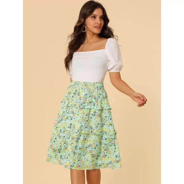 Allegra K Women's Floral Skirts Summer Smocked Elastic Waist A-Line Below Knee Length Ruffle Tiered Skirt