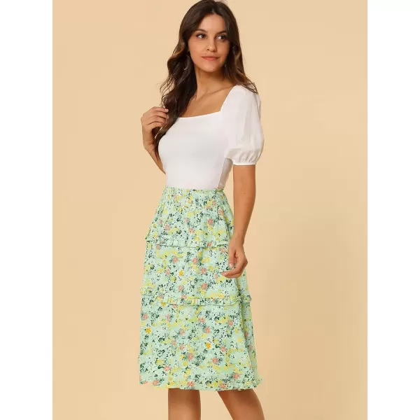 Allegra K Women's Floral Skirts Summer Smocked Elastic Waist A-Line Below Knee Length Ruffle Tiered Skirt