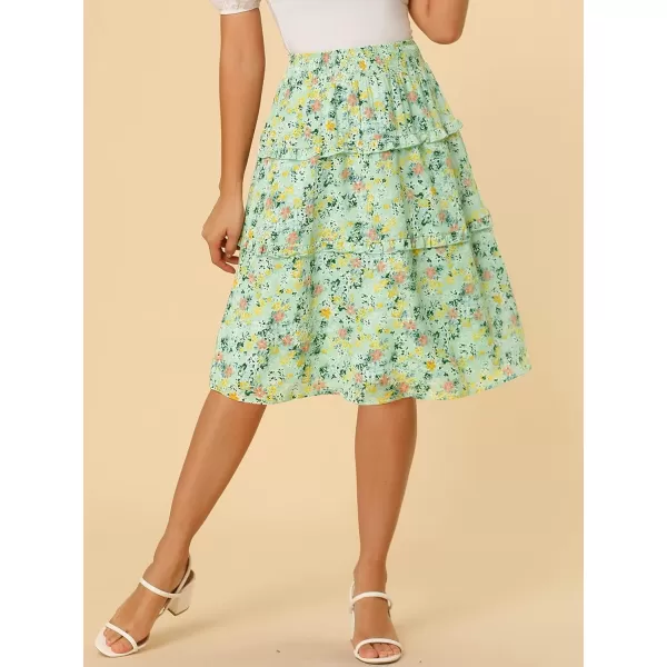 Allegra K Women's Floral Skirts Summer Smocked Elastic Waist A-Line Below Knee Length Ruffle Tiered Skirt