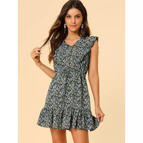 Allegra K Women's Floral V Neck Flutter Sleeve Button Front Mini Ruffle Dress