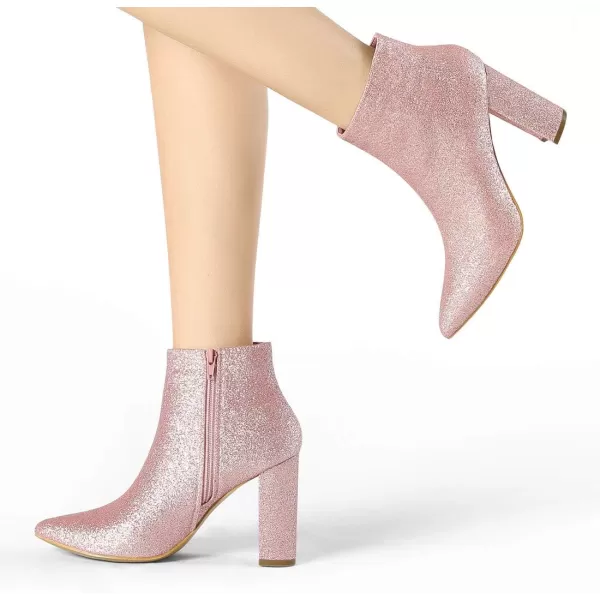 Allegra K Women's Glitter Pointed Toe Chunky Heel Ankle Boots