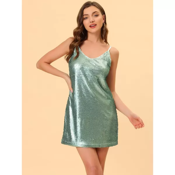 Allegra K Women's Glitter Sequin Dress V Neck Spaghetti Strap Christmas Mini Party Dress Clubwear